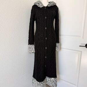 Evolution Black Long Button Up Cardigan w/ White Fur Trim Size M 90s Y2K RARE
